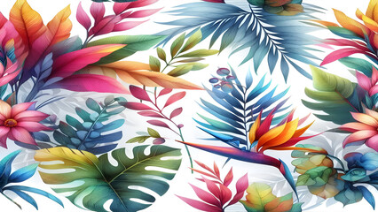 Colorful tropical watercolor spring floral leaves