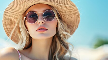 Fototapeta premium Beautiful blonde woman wearing stylish sunglasses and a summer hat. Her outfit exudes casual elegance. Perfect for a sunny day outdoors.