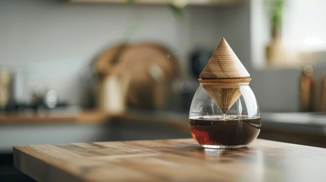 A unique pyramidshaped filter sitting atop a glass jar with a wooden lid filled with a coffee and water mixture.