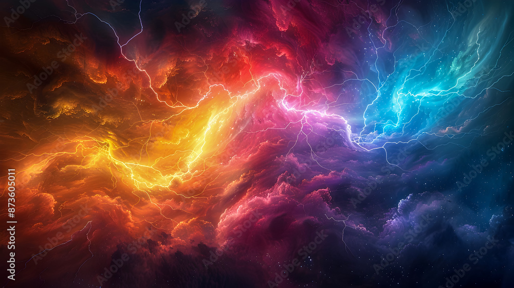 Poster thunderous multicolored lighting strikes through a swirling atmospheric background with dramatic and