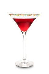 Glass of tasty red margarita with decor on white background