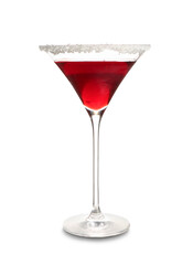 Glass of tasty red margarita on white background