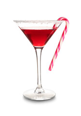 Glass of tasty red margarita with candy cane on white background