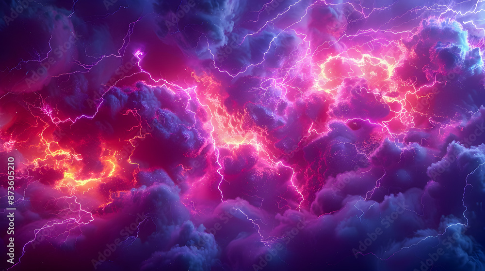 Poster surging cosmic electricity neon tinged lightning bolts arc and crackle across a moody atmospheric ba