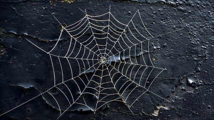 Real creepy spider webs on black banner