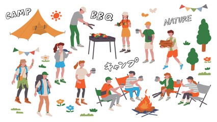 キャンプ・バーベキューをする若者、キャンプでお酒をを楽しむ人物の手書きベクター人物イラスト素材 Hand drawn vector people illustration of a person enjoying a drink at a camping barbecue.