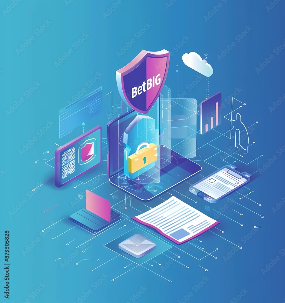 Poster flat design vector illustration of data protection with file, shield and padlock icons on blue backg