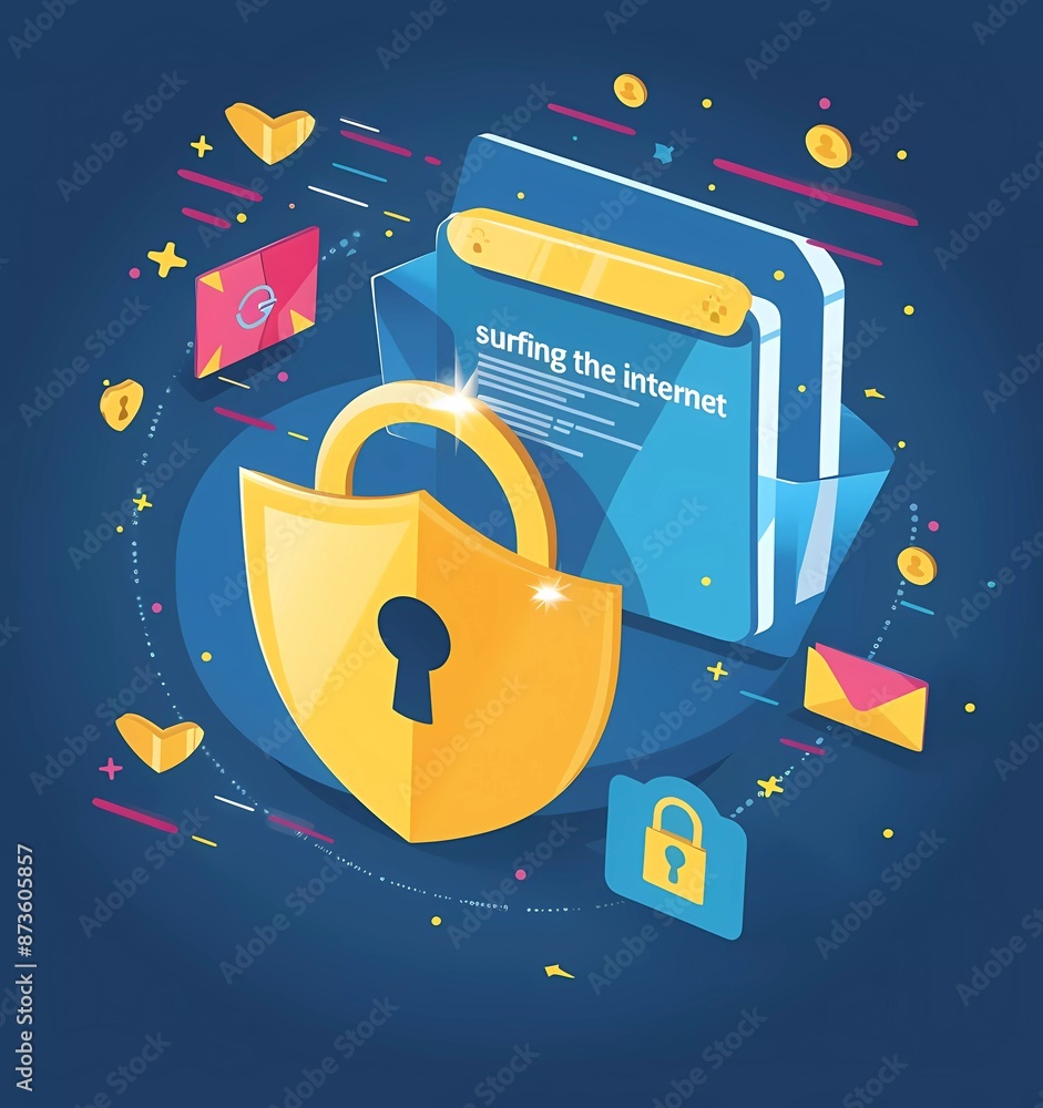 Poster flat design vector illustration of data protection with file, shield and padlock icons on blue backg