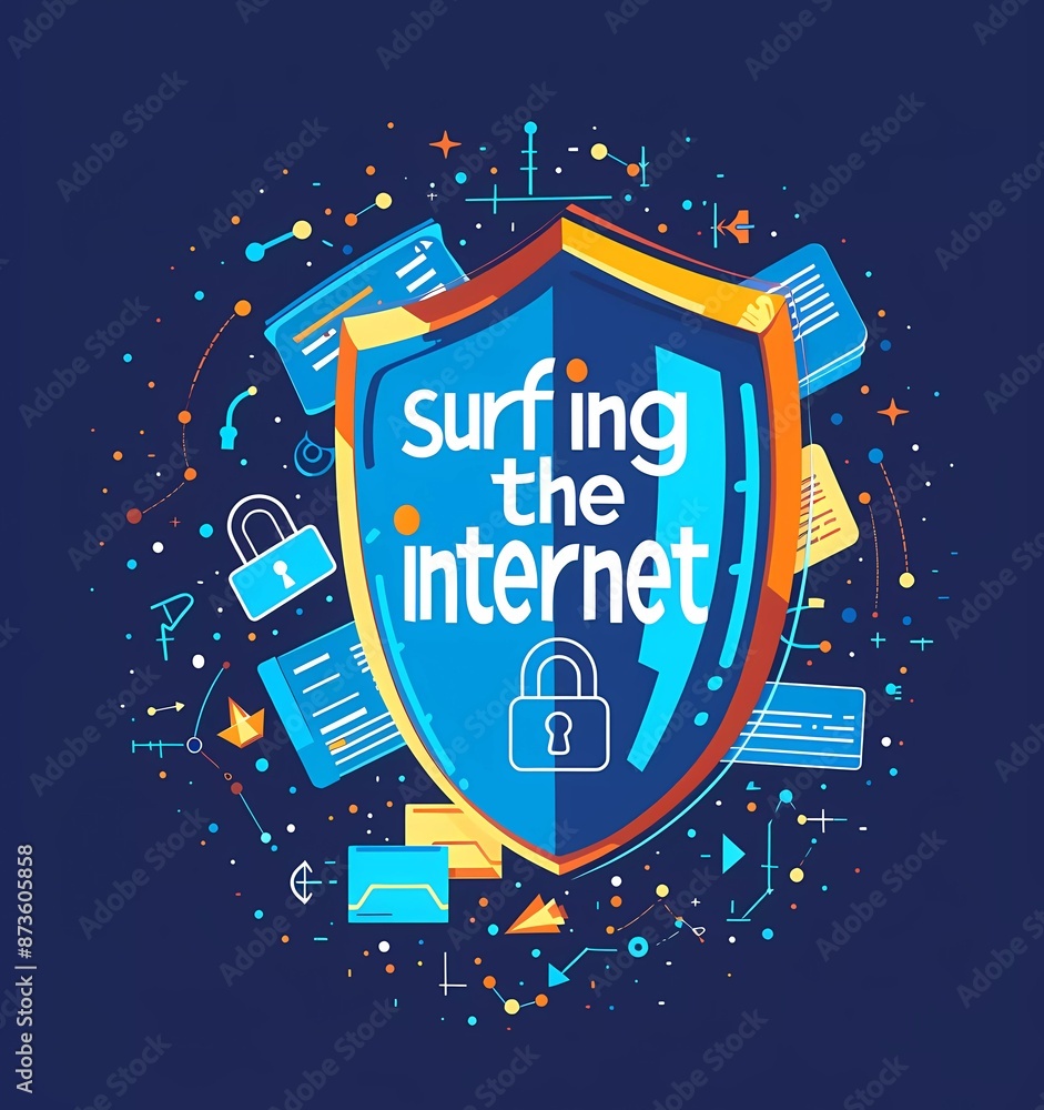 Poster flat design vector illustration of data protection with file, shield and padlock icons on blue backg