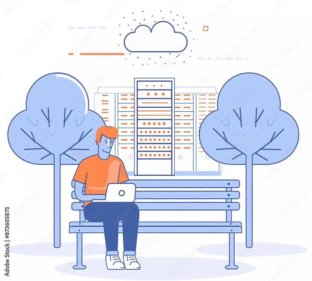 Poster flat illustration of a man sitting on a bench with a laptop, a large stack of data center servers in