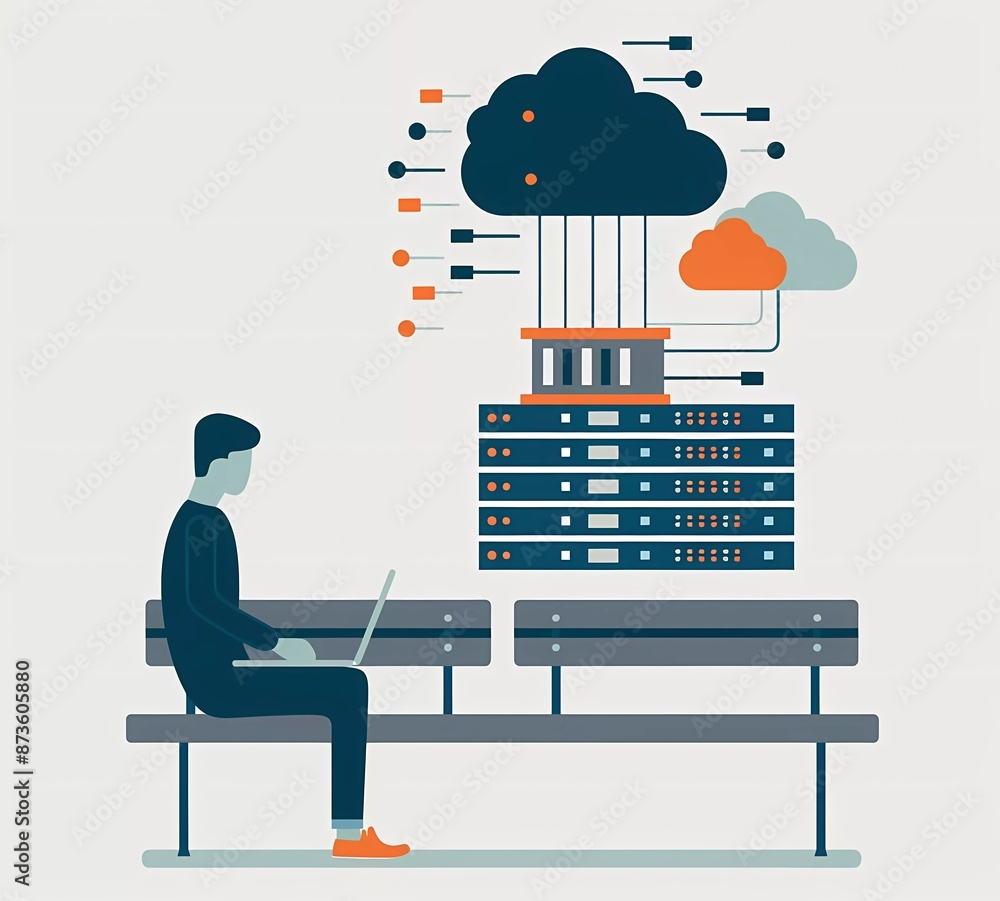 Poster flat illustration of a man sitting on a bench with a laptop, a large stack of data center servers in