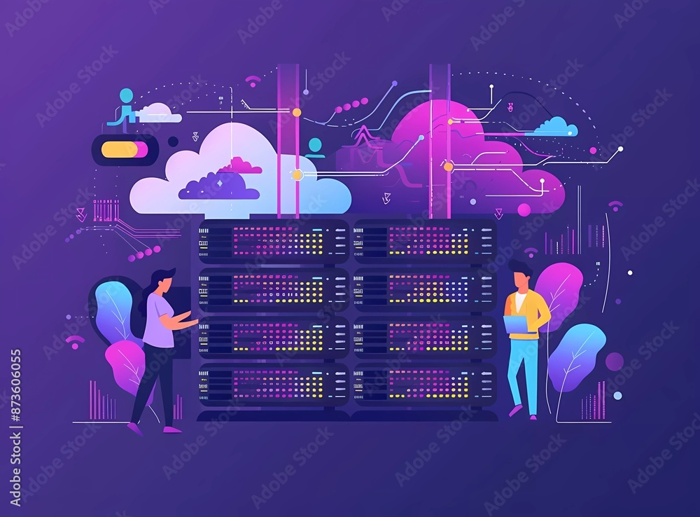 Poster flat vector illustration of a man and woman working on cloud storage with security icons in the styl