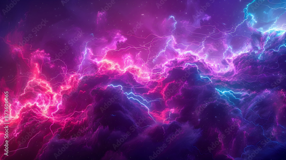 Poster pulsing neon tinged lightning bolts slicing through a moody dark background electrifying and kinetic