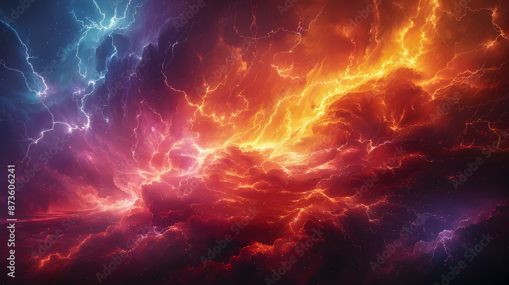 Poster dramatic multicolored lightning bursts erupting across a swirling atmospheric sky with an abstract e