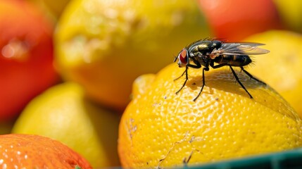 House fly, food contamination hygiene concept. The flies are insect carriers of cholera. Living on kitchen accessories, fruits, vegetables and food scraps. To spread the disease.