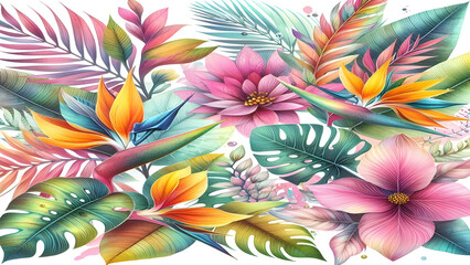 Colorful tropical watercolor spring floral leaves