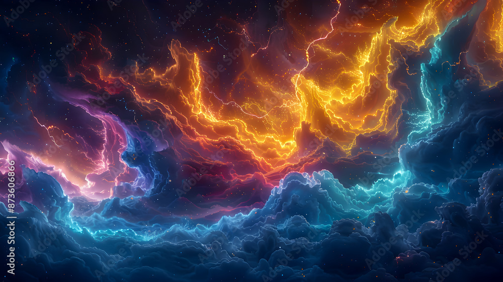 Poster dramatic and multicolored lightning bursts erupting across a swirling atmospheric sky captured with 