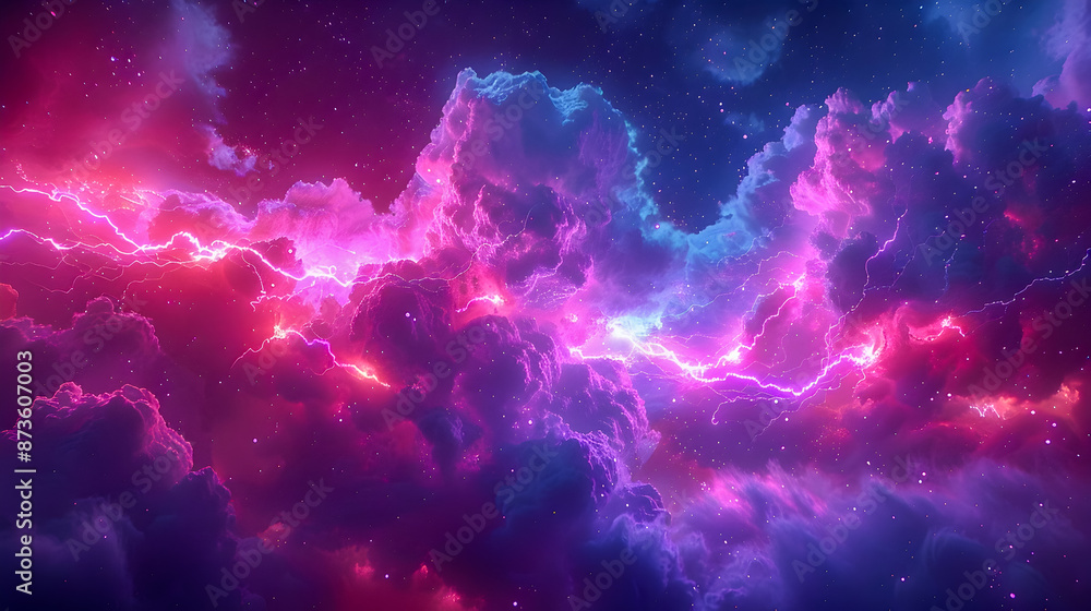 Poster pulsing neon tinged lightning bolts slicing through a moody dark background electrifying and kinetic
