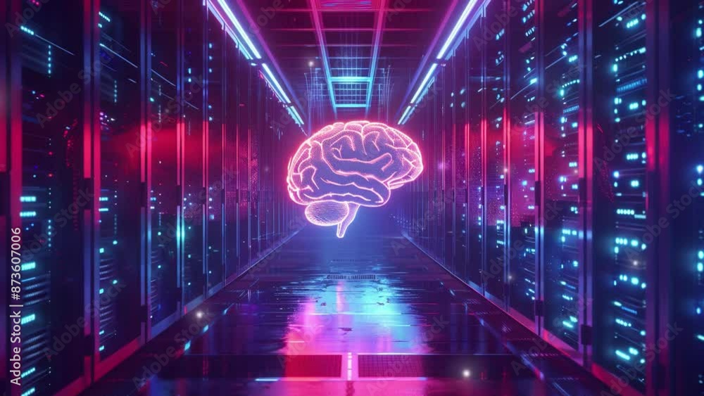 Poster futuristic technology background. 3d render of a glowing brain inside a server room with a data cent