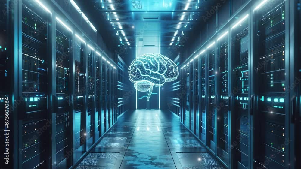 Poster futuristic technology background. 3d render of a glowing brain inside a server room with a data cent