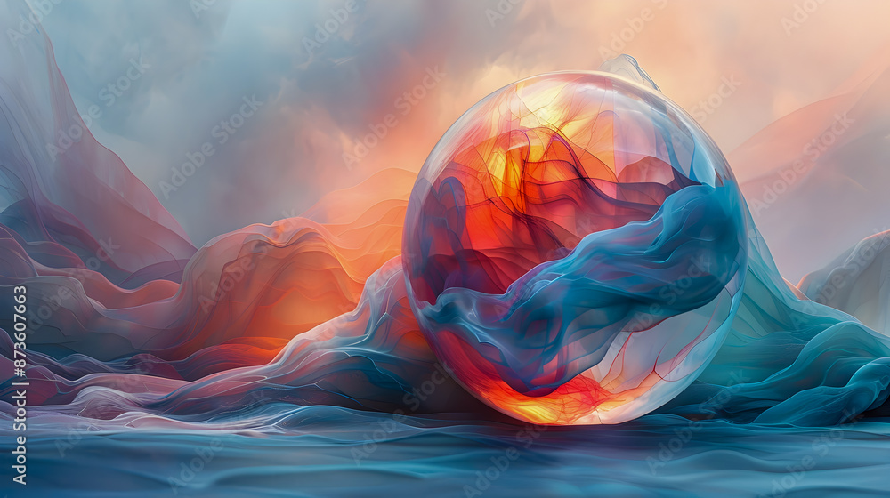 Poster dreamy ethereal abstract orb comprised of delicate undulating forms in a harmonious blend of pastel 