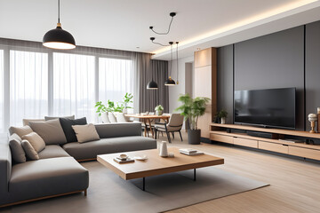 Fototapeta premium Minimalist Elegance: A Glimpse into a High-Level Modern Interior Living Space