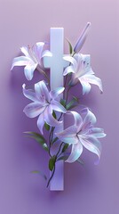 3D render of A cross with lilies on a pastel purple background, clean background, no copyrighted logo, no letters, no peaple © CatNap Studio