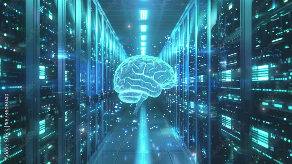 Poster futuristic technology background. 3d render of a glowing brain inside a server room with a data cent