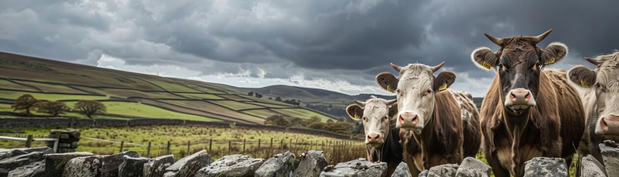Closeup of cows near a stone fence with a background of rolling hills and dark clouds