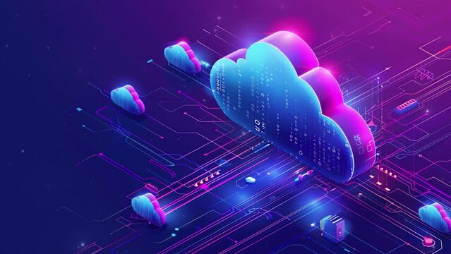 A cloud technology with isometric icons concept. Abstract futuristic digital network connection. Network connection for internet of things or data center design. Circuit board pattern. Copy space area