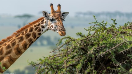 Obraz premium Giraffe Looking Through Thorny Bushes.