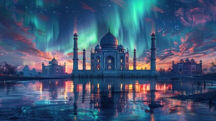 Fototapeta premium A stunning image of the Taj Mahal illuminated by the Northern Lights, reflecting in the water at night. A blend of architectural marvels and nature's wonders.