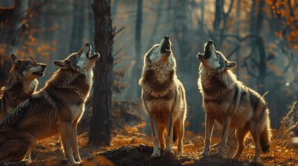 Naklejka premium Three Wolves Howling in the Forest.