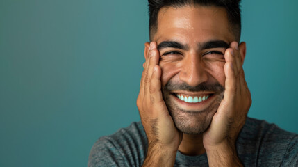 latino handsome man smiling Hands covering face, hands on cheeks isolated on a green background