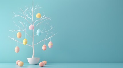 3D render of An Easter egg tree decorated with hanging eggs on a pastel blue background, clean background, no copyrighted logo, no letters, no peaple