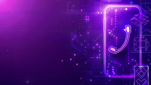 Digital marketing concept and technology design background. Purple banner with an abstract background featuring elements like phone, call center icons and handset in the style of neon. Copy space area - Powered by Adobe