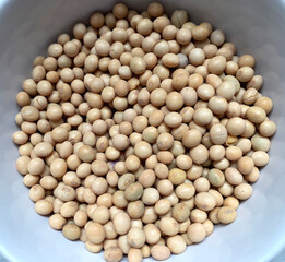 Top view of soybean in a white bowl. Soy bien in the market.