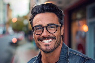 Obraz premium Latino handsome man smiling, eye glasses, neighborhood background