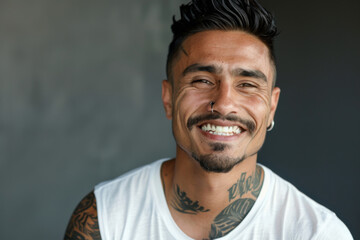 Obraz premium Latino handsome man smiling, gangster with tattoo
