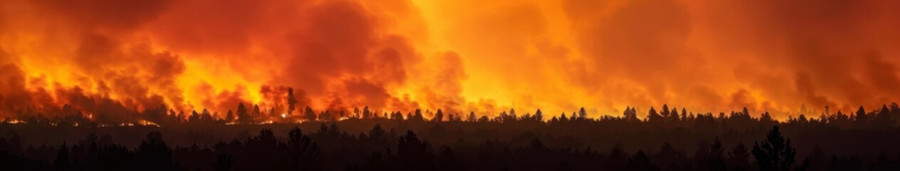 Obraz premium A raging forest fire against a fiery red sunset, showing the danger level of bushfires - a dramatic scene of nature