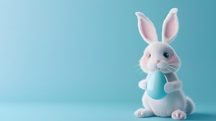 Obraz premium 3D render of Cute bunny holding an Easter egg on a pastel blue background, clean background, no copyrighted logo, no letters, no peaple