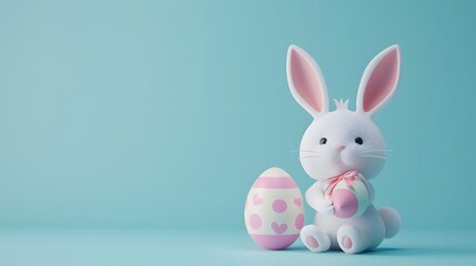 Obraz premium 3D render of Cute bunny holding an Easter egg on a pastel blue background, clean background, no copyrighted logo, no letters, no peaple