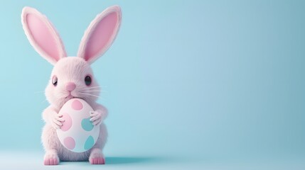 Obraz premium 3D render of Cute bunny holding an Easter egg on a pastel blue background, clean background, no copyrighted logo, no letters, no peaple