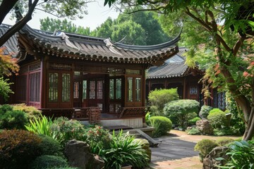 Obraz premium Peaceful traditional chinese garden with intricate pavilion and lush greenery