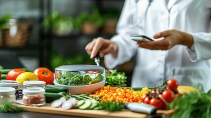 Chef preparing healthy salad with fresh vegetables in a modern kitchen, using a smartphone for recipe guidance.