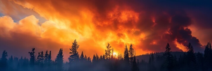 Fototapeta premium A raging forest fire against a fiery red sunset, showing the danger level of bushfires - a dramatic scene of nature