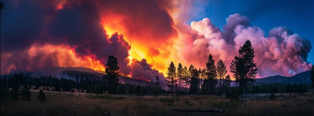 A raging forest fire against a fiery red sunset, showing the danger level of bushfires - a dramatic scene of nature