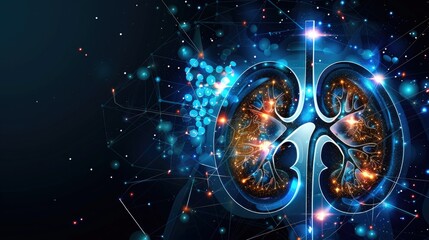 Futuristic digital illustration of human lungs with glowing networks and connections on a dark background. Concept of respiratory health technology.