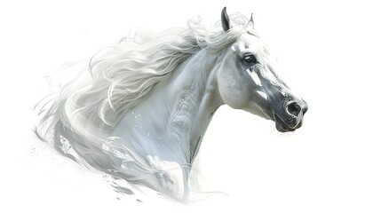 Fashion illustration, low angle view, full head of an imposing white horse with flying mane, full head, high resolution, on a white background