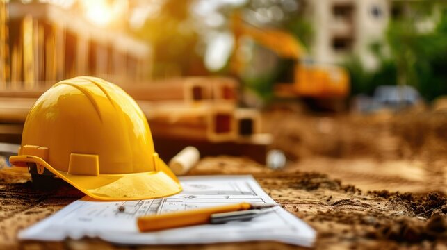 Yellow construction helmet and building plans on a construction site, sunlight in the background, symbolizing safety and planning.